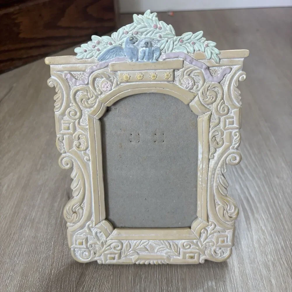 Vintage Love Birds Resin Picture Frame Pastel Rococo Floral Bow 3x4 Tabletop